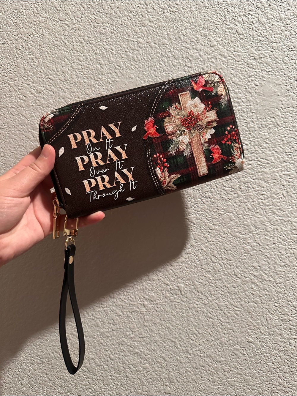 Women’s Zippered Wallet Wristlet - 'Pray' Floral Cross Design
